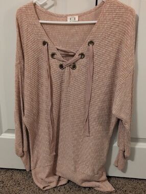 BKE Lace-Up V-Neck Ribbed Knit Sweater - Blush